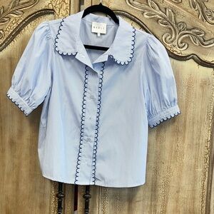 MARBLE Light Blue Button-Up Top with Navy Scalloped Trim
